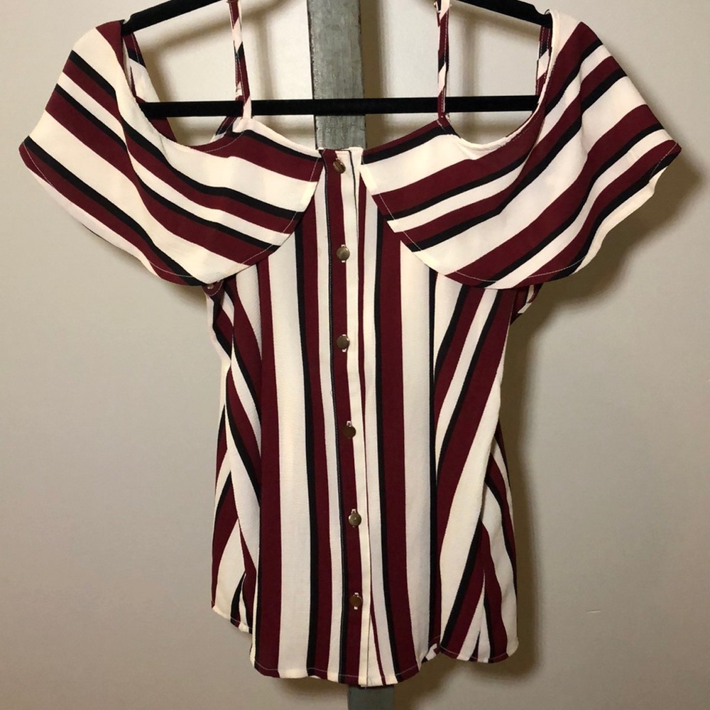 Burgundy, black and cream cold shoulder top.